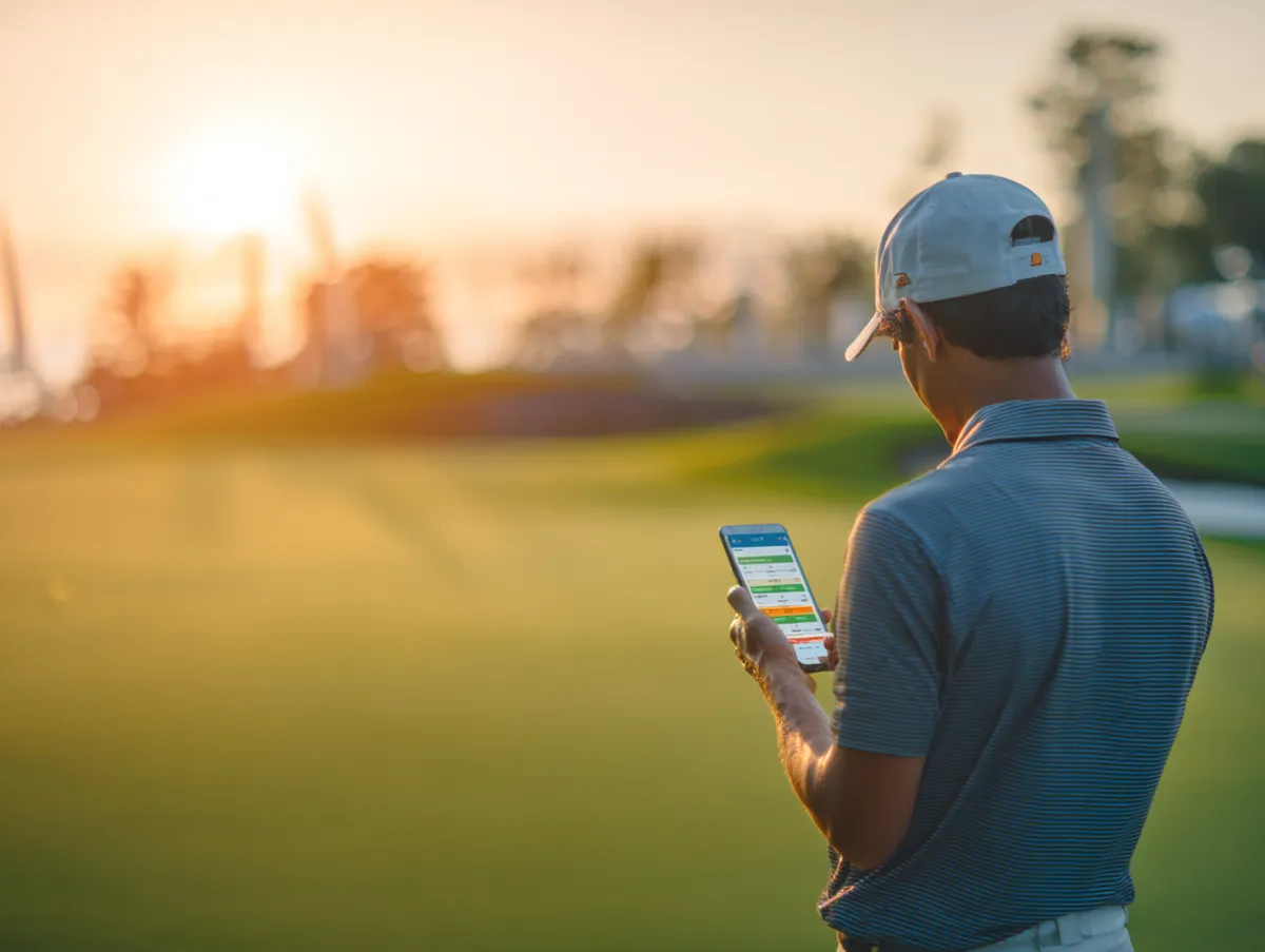 Golfer checking his short game stats on his phone on the golf course at sunset